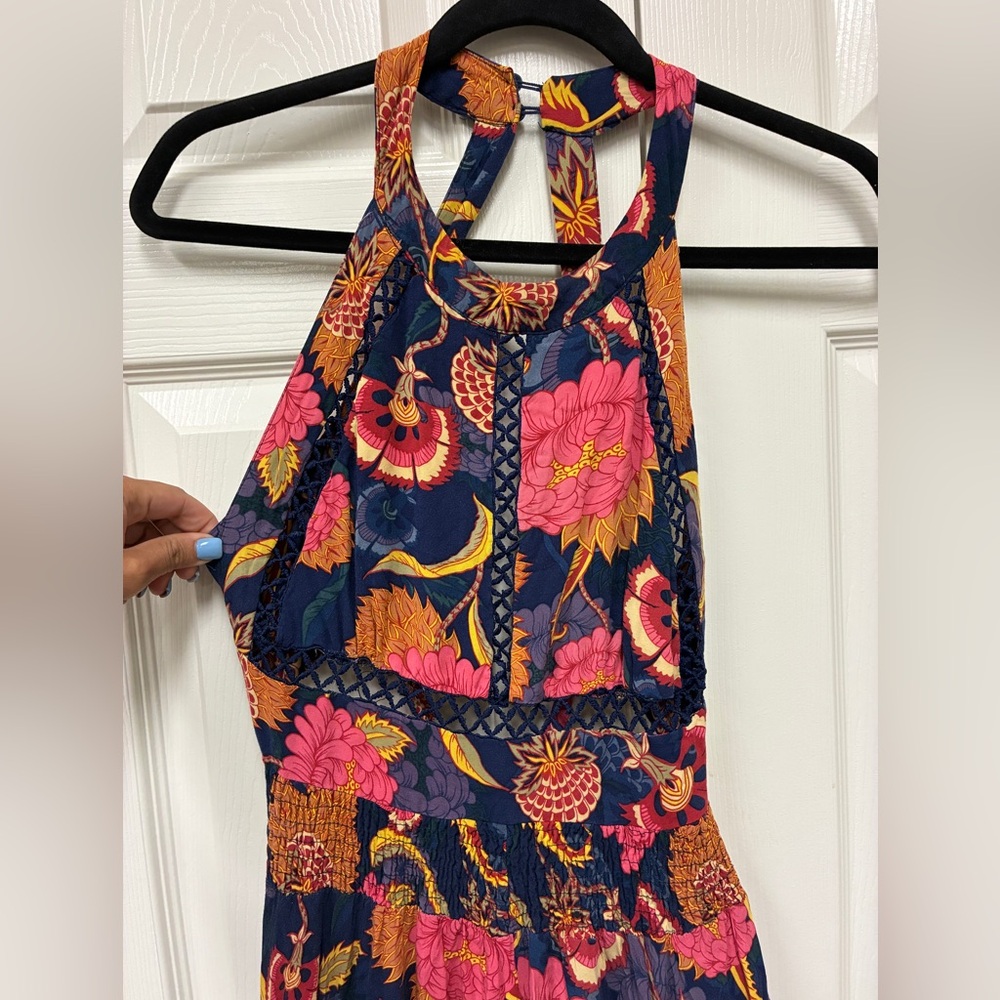 Japna Navy Floral Halter Back-Tie Maxi Dress with Pink & Orange Blooms - Picture 2 of 7